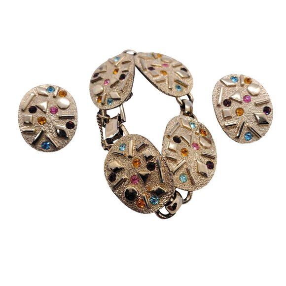 Sarah Coventry bracelet clip earring set gold tone safety chain - Picture 1 of 5